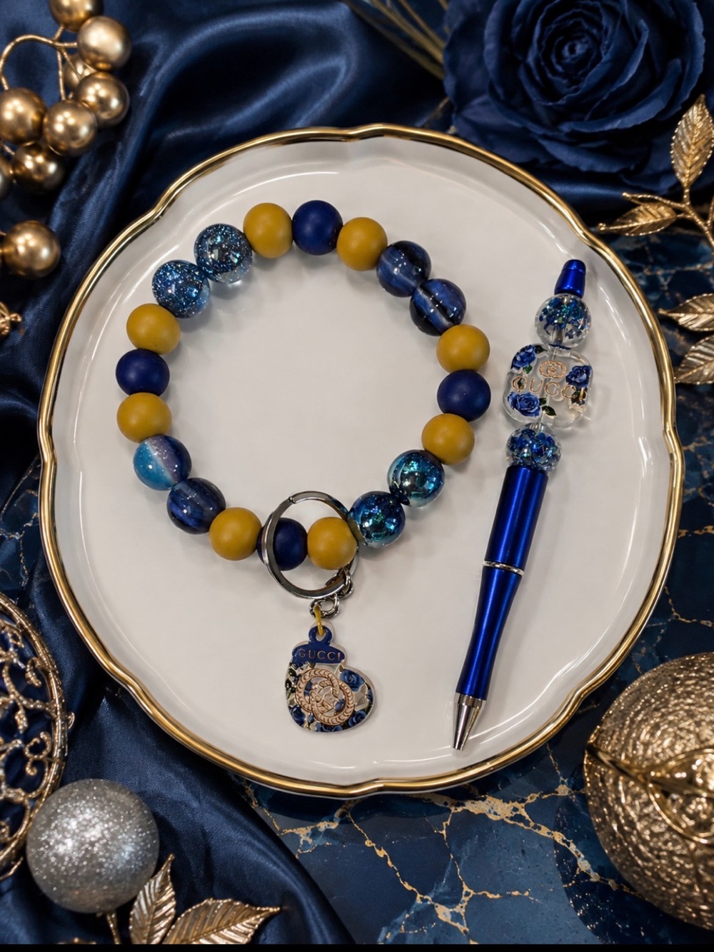 Hand Crafted Beaded Wristlet Keychain & Ballpoint Pen with Inspired Charm